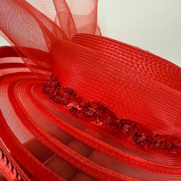 Elegant Red Wide Brim Hat Formal Fashion Tulle Bow Sequin Statement Church Derby